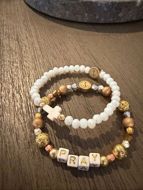 Stacked White Bead & Gold Accent 'PRAY' Stretch Bracelets